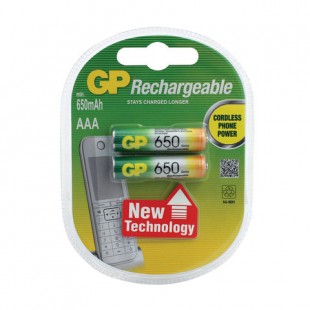 Батарейки аккумуляторные GP, AAA (R03), 650 mAh, 1,2 В, комплект 2 штуки