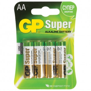 Батарейки алкалиновые GP "Super", AA, комплект 4 штуки