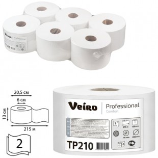 Туалетная бумага с центральной вытяжкой VEIRO "Comfort", 215 м х 6 штук, 2-слойная, натуральный цвет