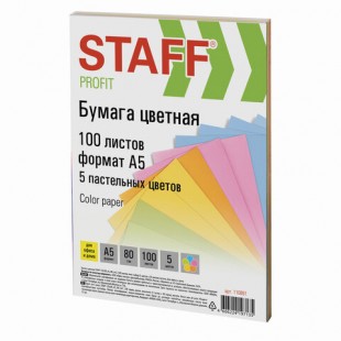 Бумага офисная STAFF "Color", А5, 80 г/м2, 100 листов, пастель 5 цветов