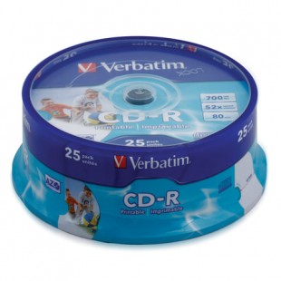 Диски CD-R VERBATIM, 700 MB, 52x, Printable, Cake Box, комплект 25 шт