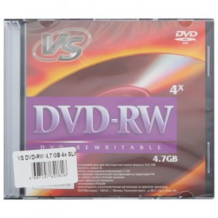 Диски DVD-RW VS, 4,7 Gb, 4x, Slim Case, комплект 5 шт