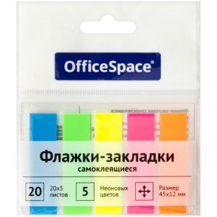 Закладки самоклеящиеся OFFICE SPACE, неоновые, пластиковые, 12х45 мм, 5 цв. х 20 л., европодвес