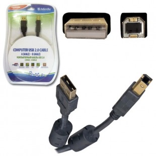 Кабель USB 2.0 AM-BM, 3 м, DEFENDER, 2 фильтра, для подключения принтеров, МФУ и периферии