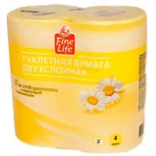 Туалетная бумага FINE LIFE "Ромашка", 2 слоя, желтый, комплект 4 штуки