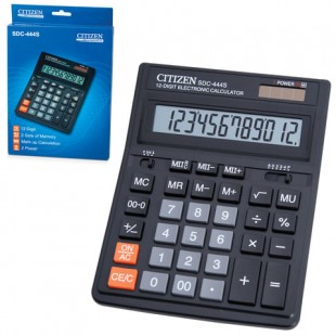 Калькулятор настольный CITIZEN "SDC-444S", 12 разрядов, 199x153х31 мм, пластик,черный