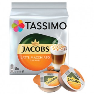Капсулы для кофемашин TASSIMO JACOBS "Latte Macchiato Caramel", натуральный кофе 8 шт. х 8 г, молочные капсулы 8 шт. х 21,7 г, Latte Caramel