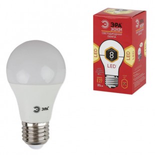Лампа светодиодная ЭРА, 8 (60) Вт, цоколь E27, грушевидная, теплый белый свет, 25000 ч., LED smdA60-8w-827-E27ECO