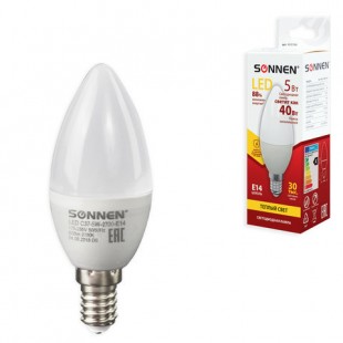 Лампа светодиодная SONNEN, 5 (40) Вт, цоколь Е14, свеча, теплый белый свет, LED C37-5W-2700-E14, 453709