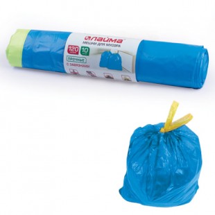Мешки для мусора с завязками ЛАЙМА, 120 л, 35 мкм, пвд, синий, рулон 10 штук