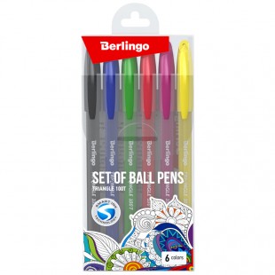 Ручки шариковые BERLINGO "Triangle 100T", узел 0,7 мм, набор 6 цветов
