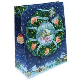 Пакет подарочный MAGIC TIME "Новогодний венок", 18х23х10 см, ламинация, синий