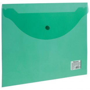 Папка-конверт с кнопкой BRAUBERG, А4, прозрачная, зеленая, до 100 листов, 0,15 мм, 221635