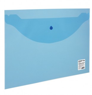 Папка-конверт с кнопкой STAFF, А4, 340х240 мм, прозрачная, синяя, до 100 листов, 0,12 мм, 224623