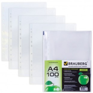 Папки-файлы BRAUBERG, А4, 35 мкм, прозрачный глянцевый, комплект 100 штук