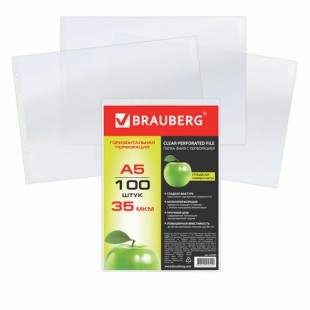 Папки-файлы горизонтальные BRAUBERG, А5, 35 мкм, прозрачный глянцевый, комплект 100 штук