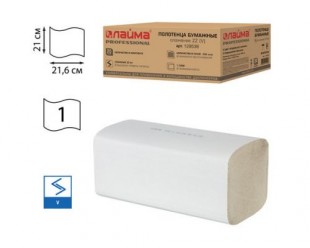 Полотенца бумажные листовые ЛАЙМА, V-сложение, 21х21,6 см, 250 л х 20 штук, натуральный белый