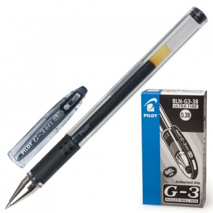 Ручка гелевая PILOT "G-3", грип, узел 0,38 мм, пластик, черный