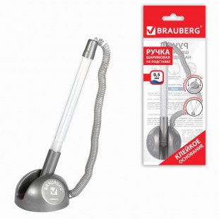 Ручка шариковая настольная BRAUBERG "СТЕНД-ПЕН", на пружинке, с клейким основанием, корпус серебристый, синяя, 142164