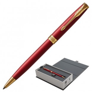Ручка шариковая PARKER "Sonnet Lacquer GT", корпус красный лак, нержавеющая сталь, позолоченные детали, 1931476, черная