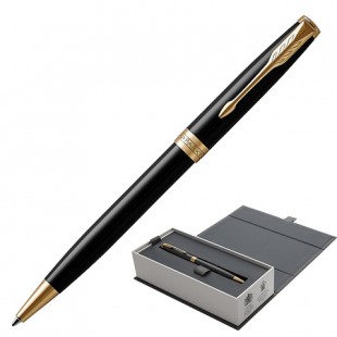 Ручка шариковая PARKER "Sonnet Lacquer GT", корпус черный лак, латунь, позолоченные детали, 1931497, черная