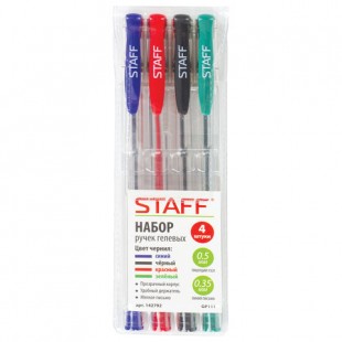 Ручки гелевые STAFF "Basic", узел 0,5 мм, набор 4 цвета
