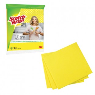 Салфетки для уборки SCOTCH-BRITE "Ultra", 38х40 см, 140 г/м2, вискоза, желтый, комплект 3 штуки