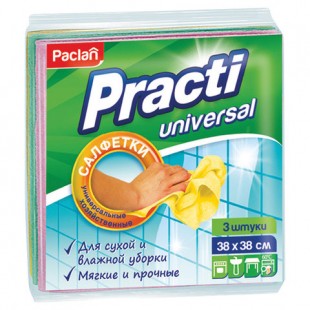 Салфетки для уборки PACLAN "Practi", 38х38см, 110 г/м2, вискоза, микс, комплект 3 штуки