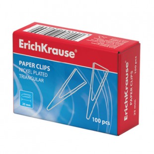 Скрепки ERICH KRAUSE, 25 мм, никель, комплект 100 штук, картонная коробка