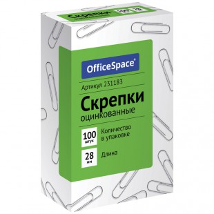 Скрепки OFFICE SPACE, 28 мм, цинк, комплект 100 штук, в картонная коробка