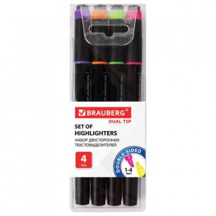 Текстмаркеры двусторонние BRAUBERG, скошенный наконечник 1-4 мм, комплект 4 штуки