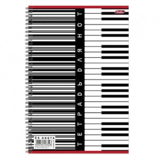 Тетрадь для нот HATBER "Клавиши", А4, 24 л, спираль, вертикальная, мелованный картон, черно-белый