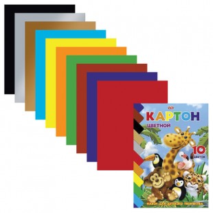 Цветной картон, А5, мелованный, 10 листов, 10 цветов, HATBER "Зоопарк", 140х195 мм