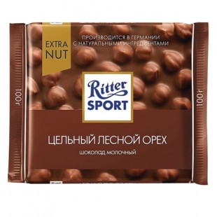 Шоколад молочный RITTER SPORT "Цельный лесной орех", 100 г, флоу-пак