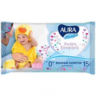 Салфетки влажные детские AURA "Ultra Comfort", комплект 15 штук