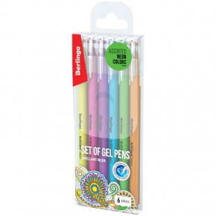 Ручки гелевые BERLINGO "Brilliant Neon", узел 1 мм, пластик, ассорти, комплект 6 штук