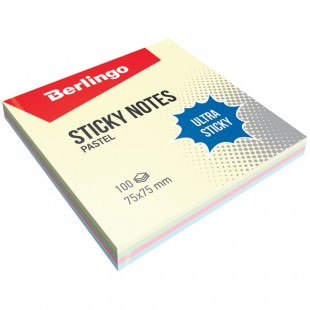 Блок самоклеящийся BERLINGO "Ultra Sticky. Пастель", 75х75 мм, 100 листов х 4 цвета