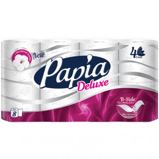 Туалетная бумага PAPIA "Deluxe", 4 слоя, 16,1 м, белый, комплект 8 штук