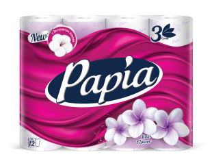Туалетная бумага PAPIA "Балийский цветок", 3 слоя, 16,8 м, белый, комплект 12 штук
