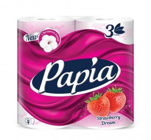 Туалетная бумага PAPIA "Strawberry Dream", 3 слоя, 16,8 м, розовый, комплект 4 штуки