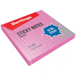 Блок самоклеящийся BERLINGO "Ultra Sticky", 75х75 мм, 80 листов, розовый неон в клетку