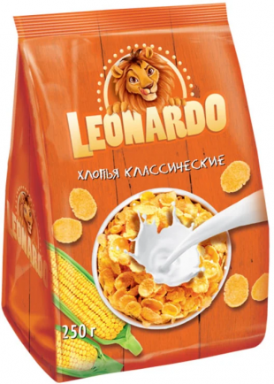 Готовый завтрак LEONARDO "Кукурузные хлопья", 250 г, флоу-пак