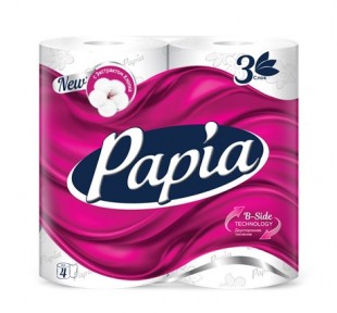 Туалетная бумага PAPIA, 3 слоя, 16,8 м, белый, комплект 4 штуки
