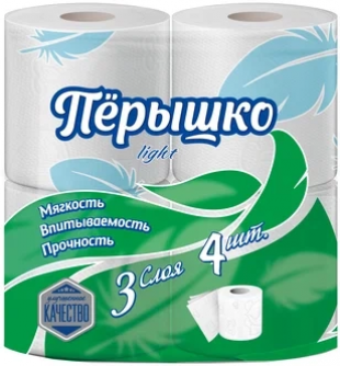 Туалетная бумага ПЕРЫШКО "Light", 3 слоя, белый, комплект 4 штуки