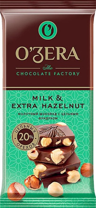 Шоколад молочный с цельным фундуком OZERA "Milk & Extra Hazelnut", 90 г., флоу-пак