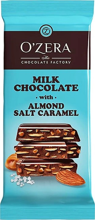 Шоколад молочный OZERA "Milk chocolate with Almonds salt caramel", 90 г., флоу-пак