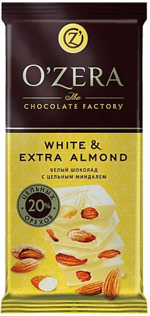 Шоколад белый OZERA "White and Extra Almond", 90 г., флоу-пак