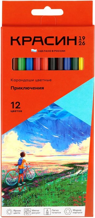 Карандаши цветные КРАСИН "Приключение", 12 цв., заточенные, шестигранные, картон