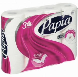 Туалетная бумага PAPIA , 3 слоя, комплект 12 штук, белый