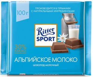 Шоколад молочный RITTER SPORT "Альпийское молоко", 100 г, флоу-пак
